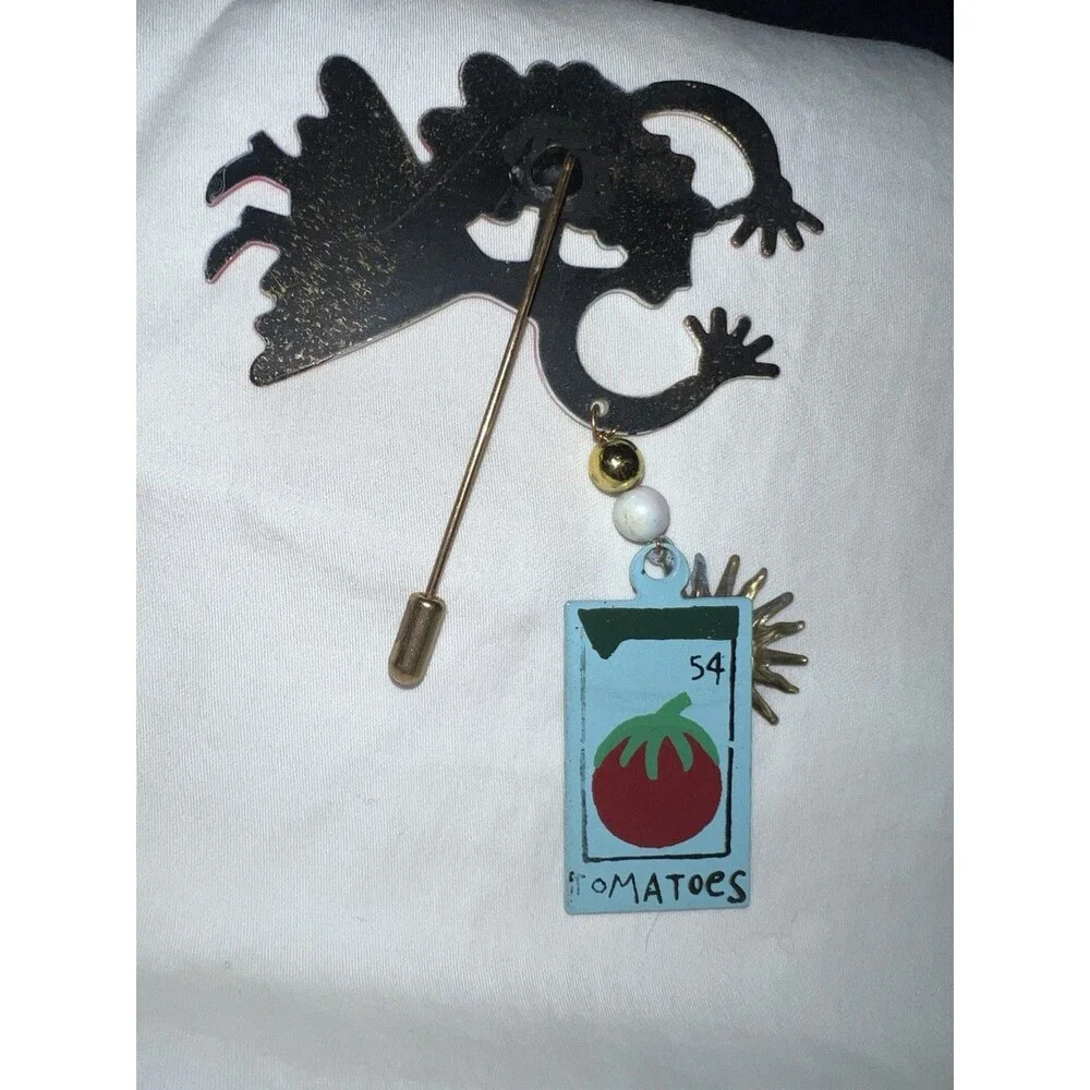 Vintage Karen Rossi Gardener Fairy Metal Stick Brooch Pin Sunflower Tomato Sun